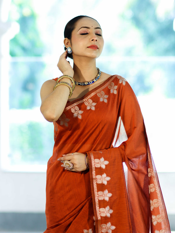 Banarasee Handloom Cotton Silk Saree With Zari Floral Border-Rust
