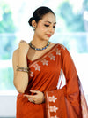 Banarasee Handloom Cotton Silk Saree With Zari Floral Border-Rust