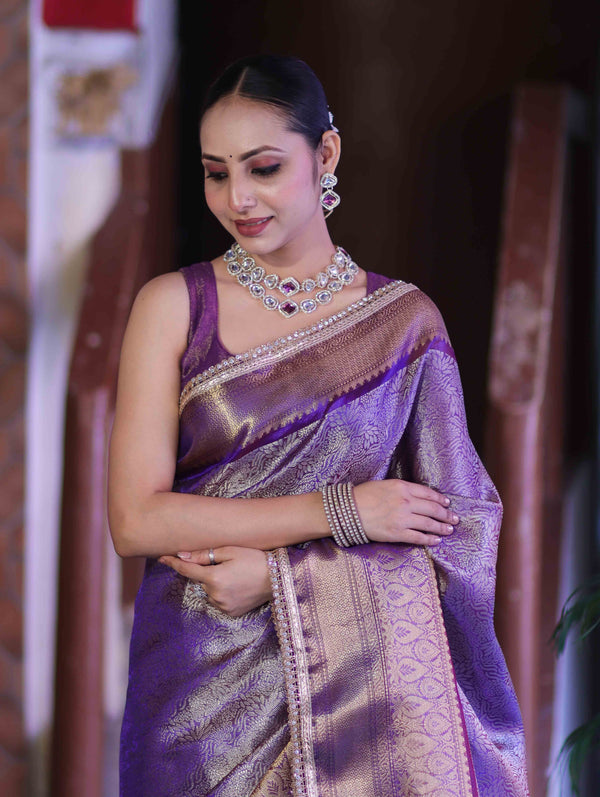 Banarasee Handloom Tissue Saree With Zari Woven Design Broad Border & Lace-Purple