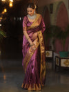 Banarasee Handwoven Plain Tissue Saree With Zari Border & Lace-Plum