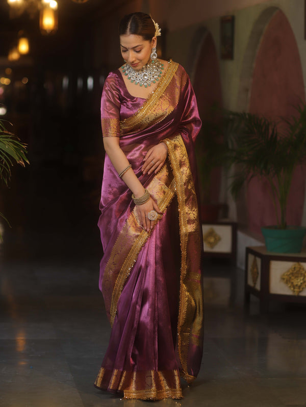 Banarasee Handwoven Plain Tissue Saree With Zari Border & Lace-Plum