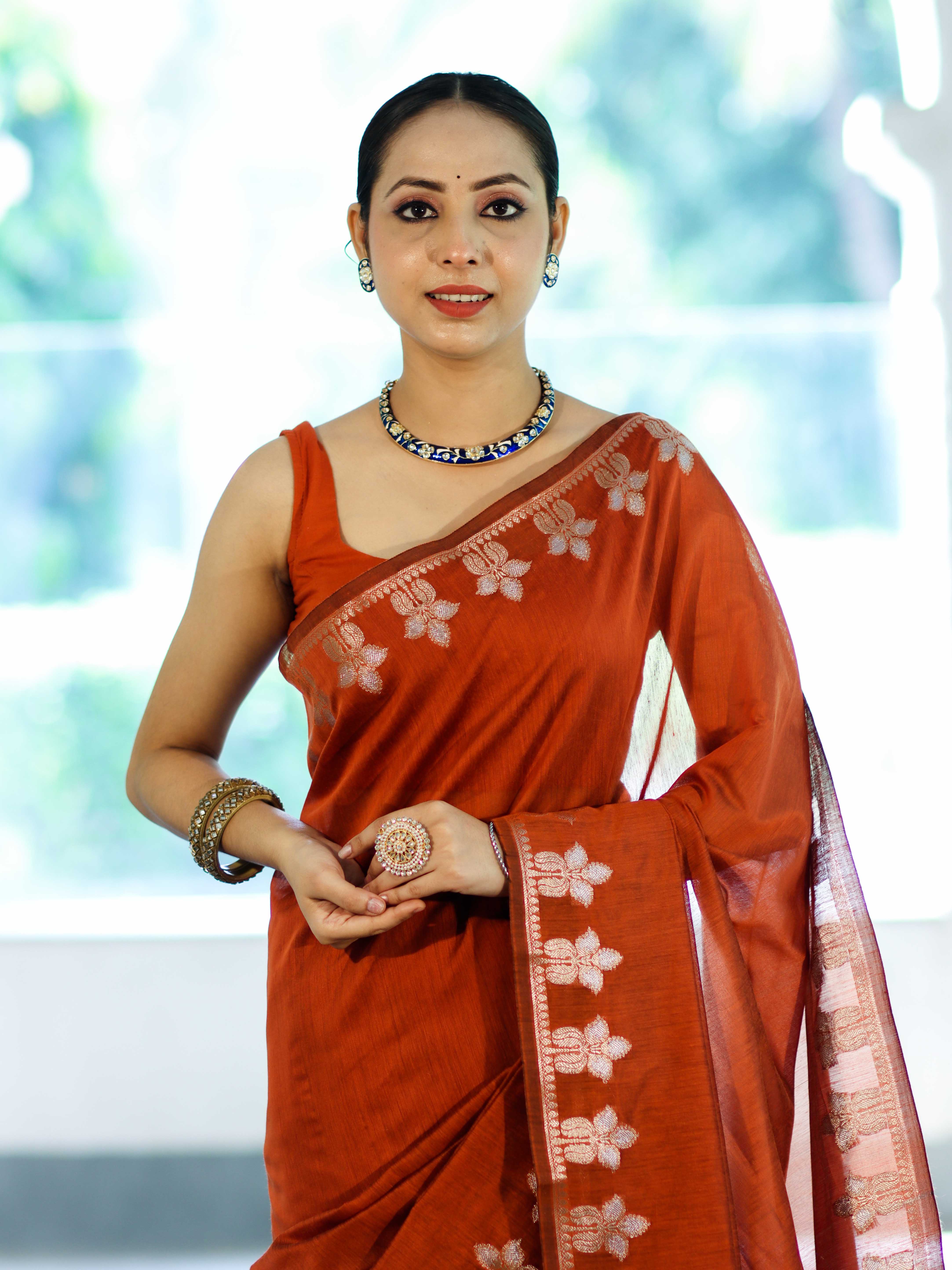 Banarasee Handloom Cotton Silk Saree With Zari Floral Border-Rust
