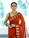 Banarasee Handloom Cotton Silk Saree With Zari Floral Border-Rust