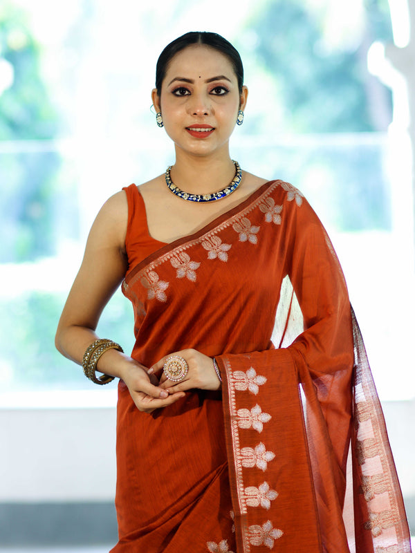 Banarasee Handloom Cotton Silk Saree With Zari Floral Border-Rust