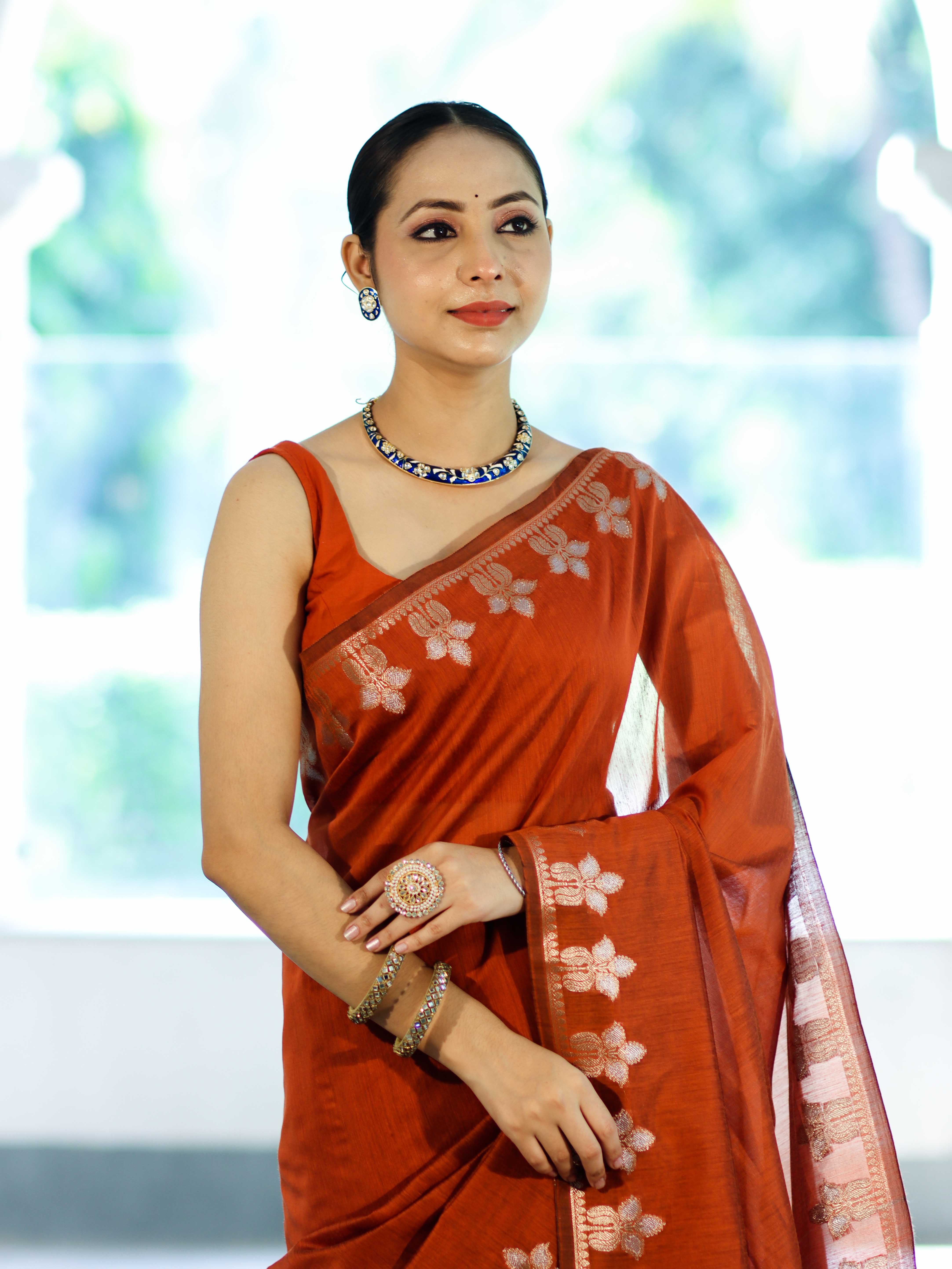 Banarasee Handloom Cotton Silk Saree With Zari Floral Border-Rust