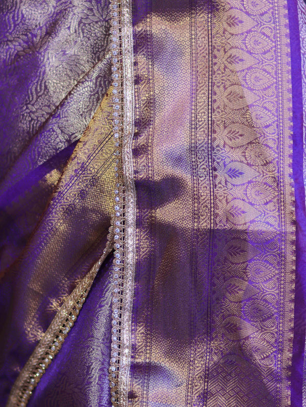Banarasee Handloom Tissue Saree With Zari Woven Design Broad Border & Lace-Purple
