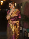 Banarasee Handwoven Plain Tissue Saree With Zari Border & Lace-Plum