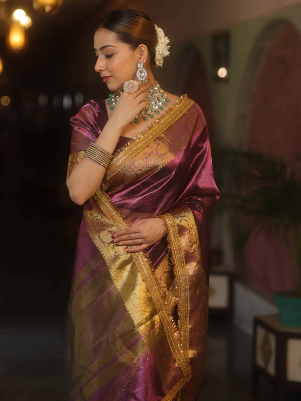 Banarasee Handwoven Plain Tissue Saree With Zari Border & Lace-Plum