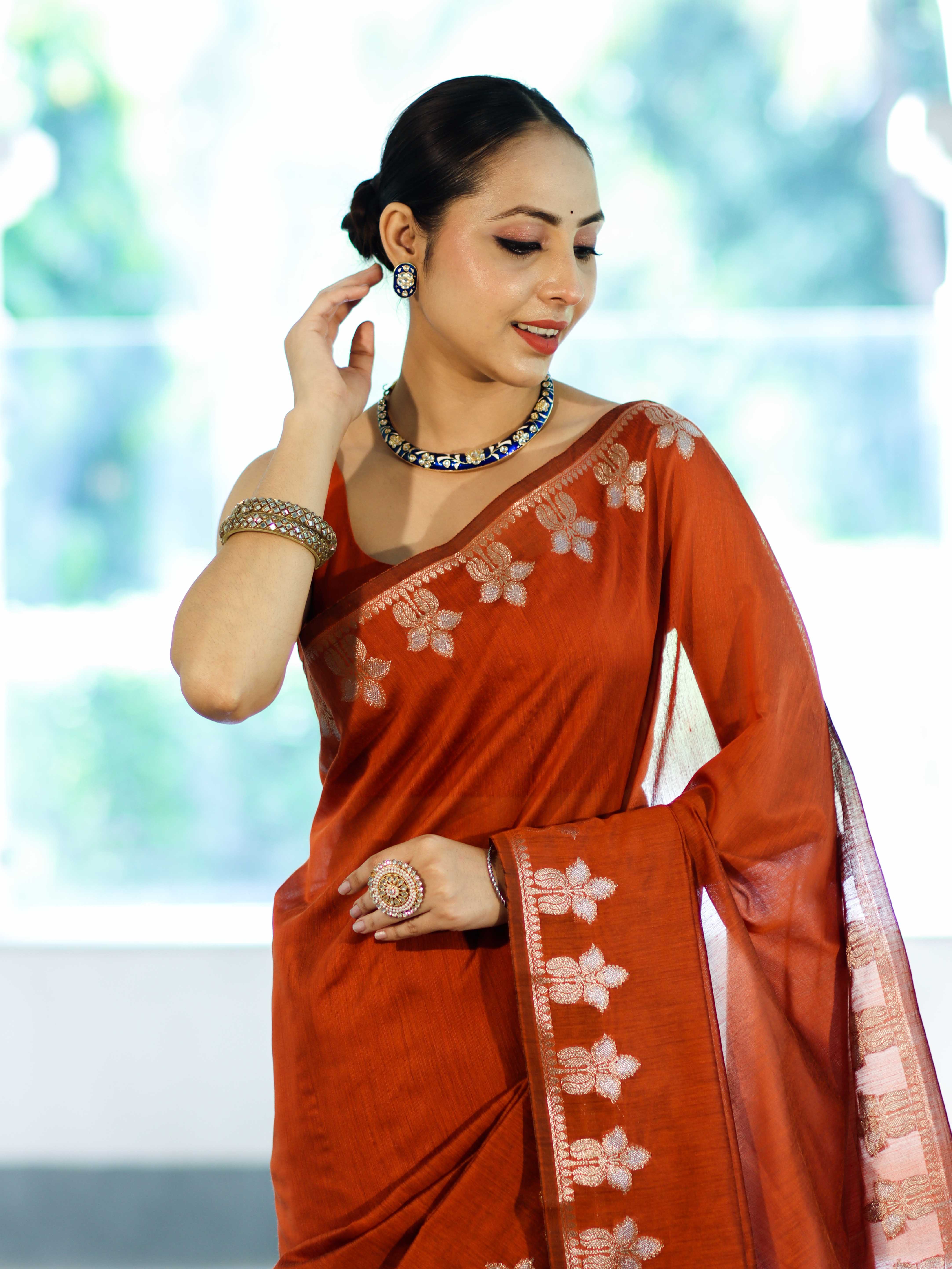 Banarasee Handloom Cotton Silk Saree With Zari Floral Border-Rust