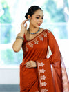 Banarasee Handloom Cotton Silk Saree With Zari Floral Border-Rust