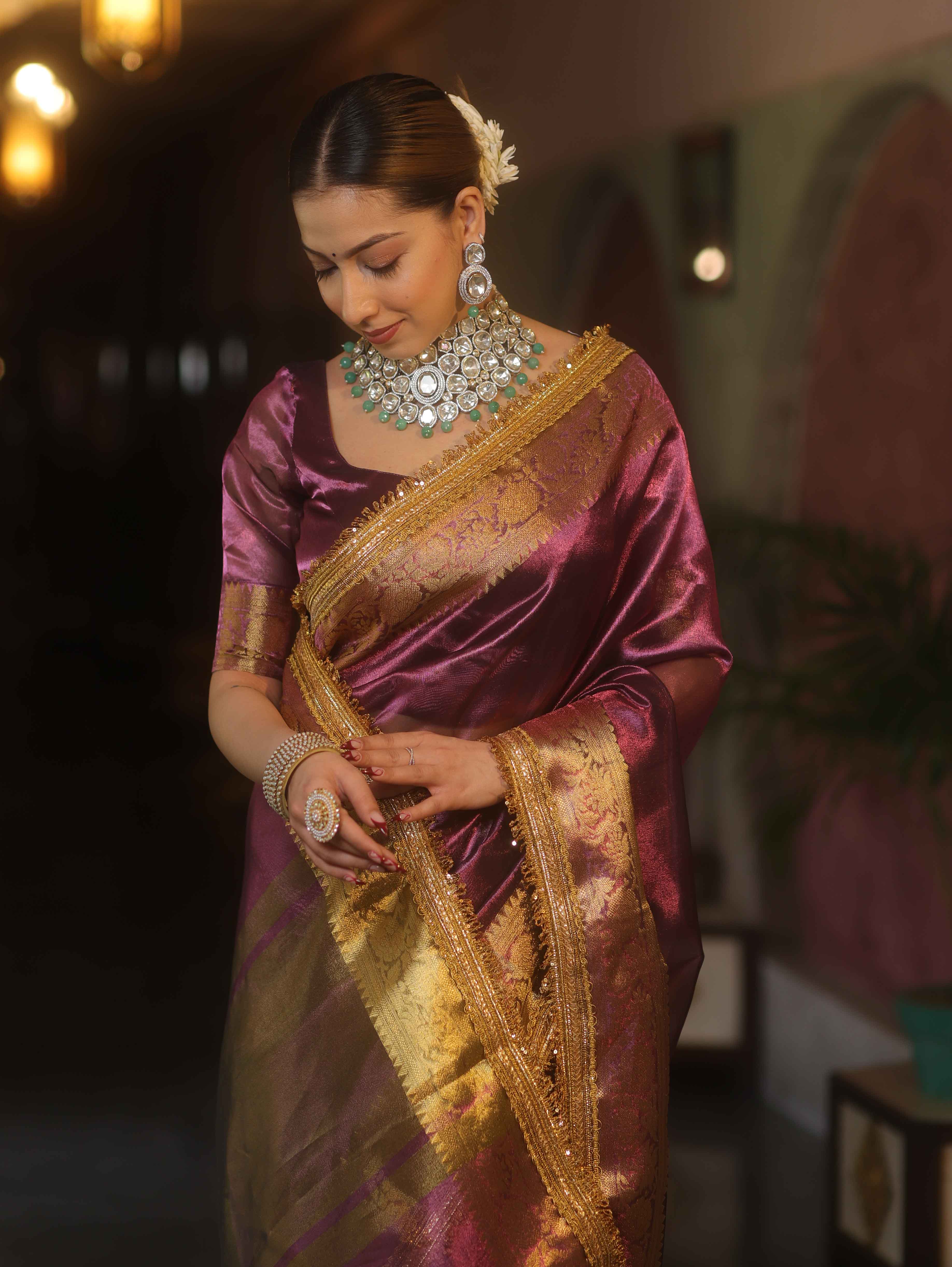Banarasee Handwoven Plain Tissue Saree With Zari Border & Lace-Plum