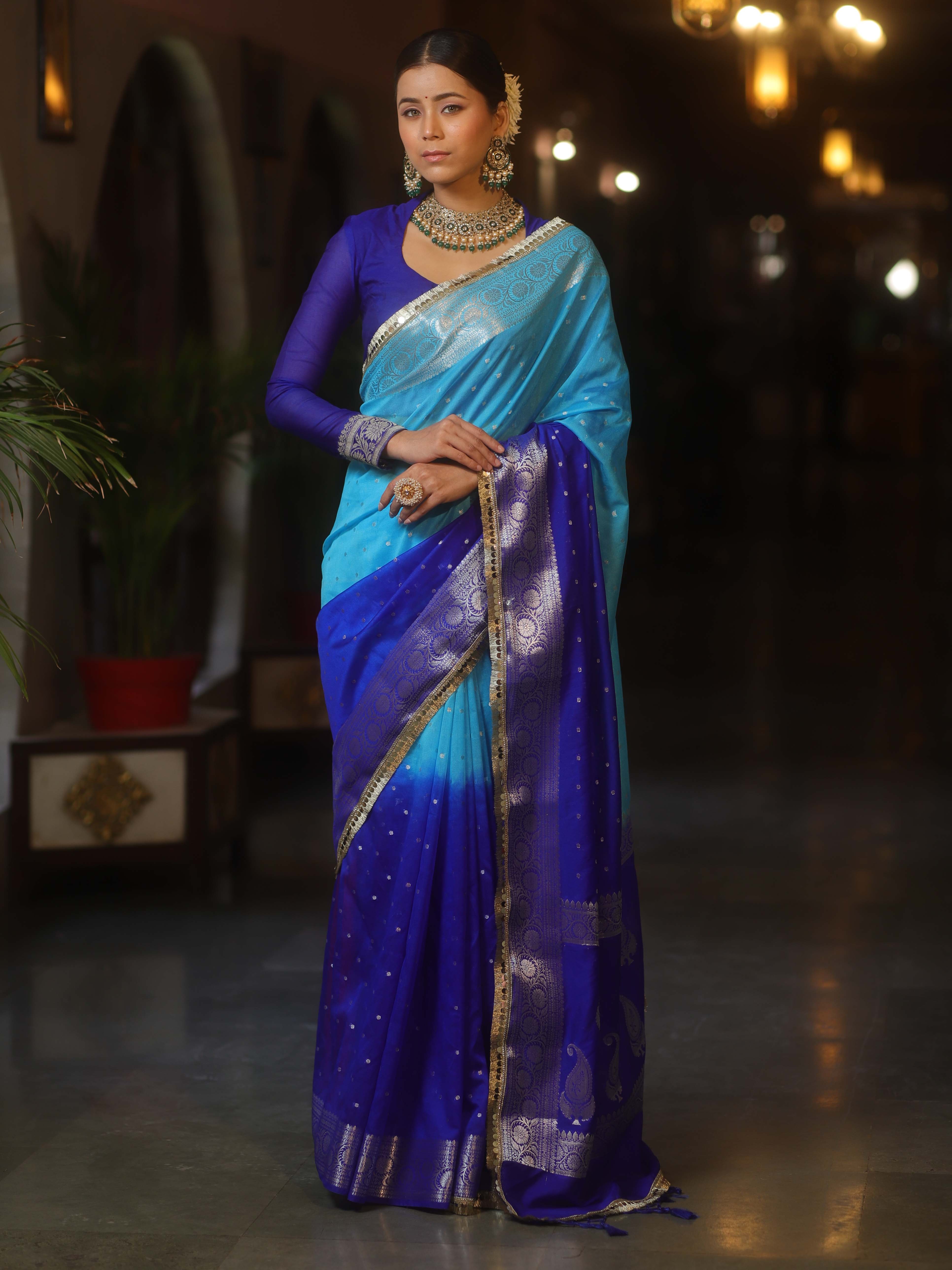 Banarasee Handwoven Semi-Chiffon Dual Color Saree With Silver Zari & Lace-Blue