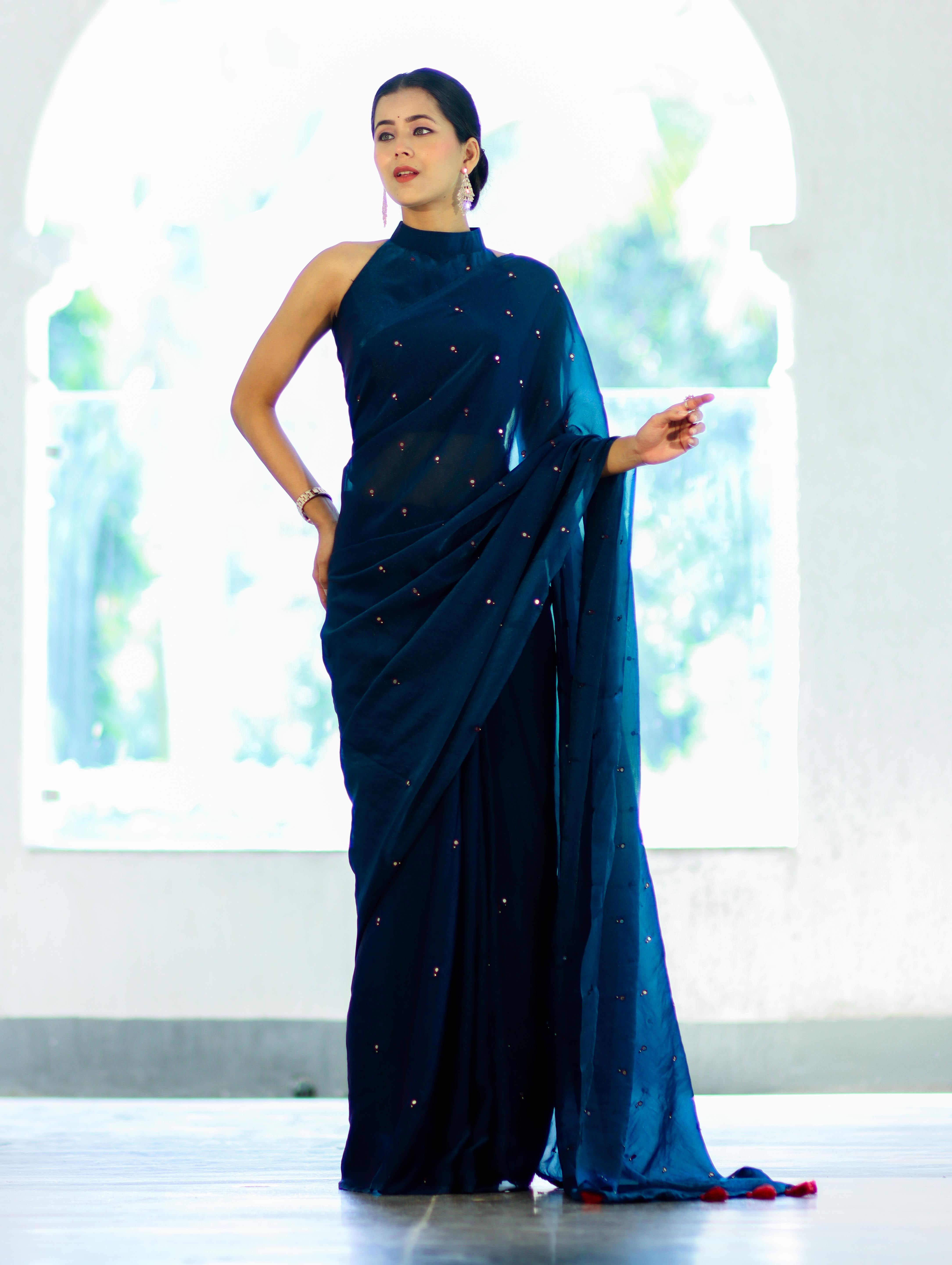 Banarasee Handwoven Dual Shaded Chiffon Saree With Mirror Work-Blue