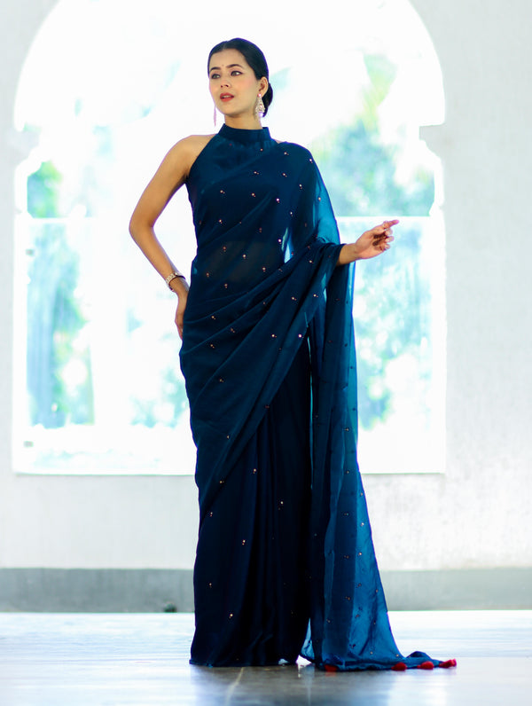Banarasee Handwoven Dual Shaded Chiffon Saree With Mirror Work-Blue