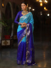 Banarasee Handwoven Semi-Chiffon Dual Color Saree With Silver Zari & Lace-Blue