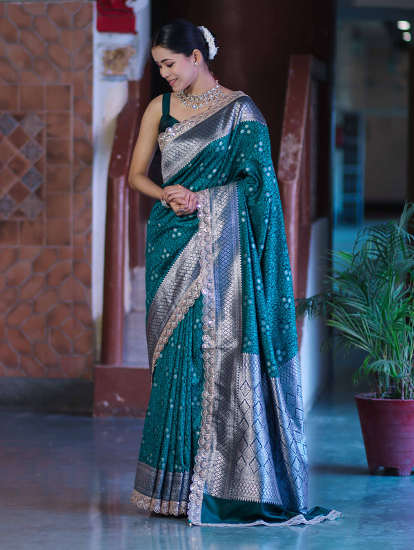 Banarasee Handloom Mashru Silk Saree With Tanchoi Work & Lace Border-Deep Green