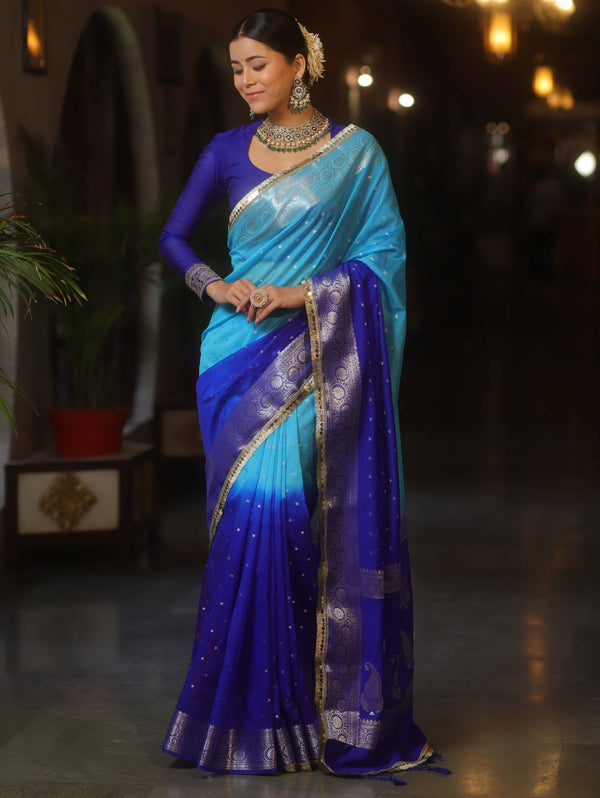 Banarasee Handwoven Semi-Chiffon Dual Color Saree With Silver Zari & Lace-Blue