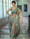 Banarasee Handwoven Tissue Saree With Digital Print & Lace-Green
