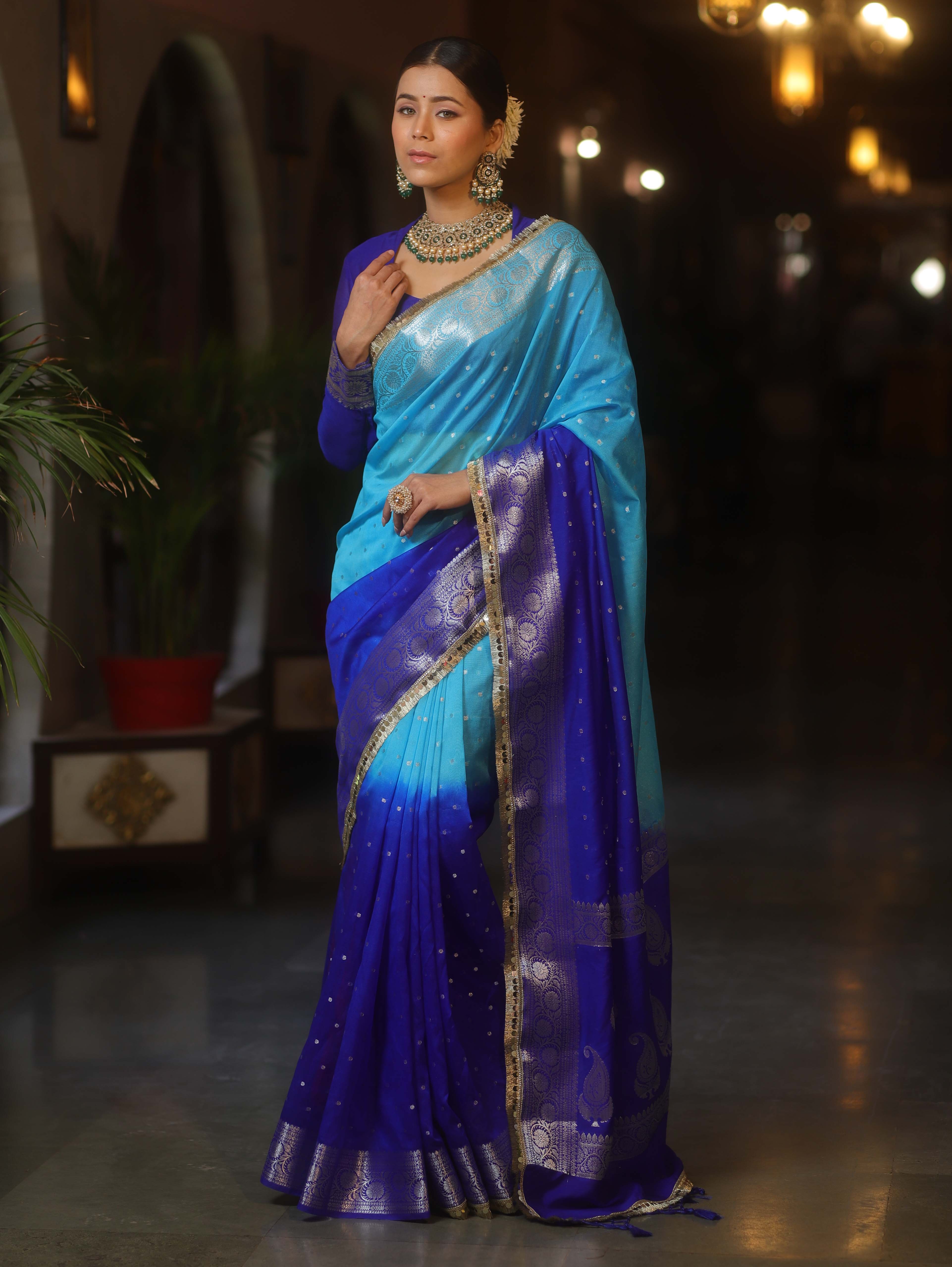 Banarasee Handwoven Semi-Chiffon Dual Color Saree With Silver Zari & Lace-Blue