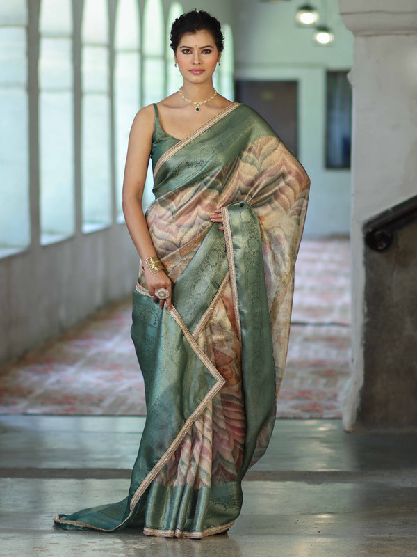 Banarasee Handwoven Tissue Saree With Digital Print & Lace-Green