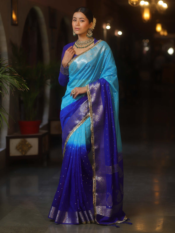 Banarasee Handwoven Semi-Chiffon Dual Color Saree With Silver Zari & Lace-Blue