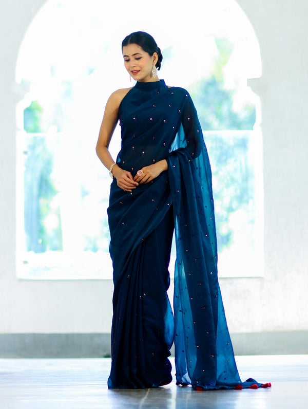 Banarasee Handwoven Dual Shaded Chiffon Saree With Mirror Work-Blue