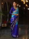 Banarasee Handwoven Semi-Chiffon Dual Color Saree With Silver Zari & Lace-Blue