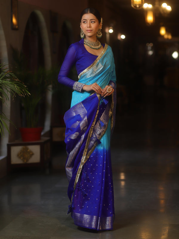 Banarasee Handwoven Semi-Chiffon Dual Color Saree With Silver Zari & Lace-Blue