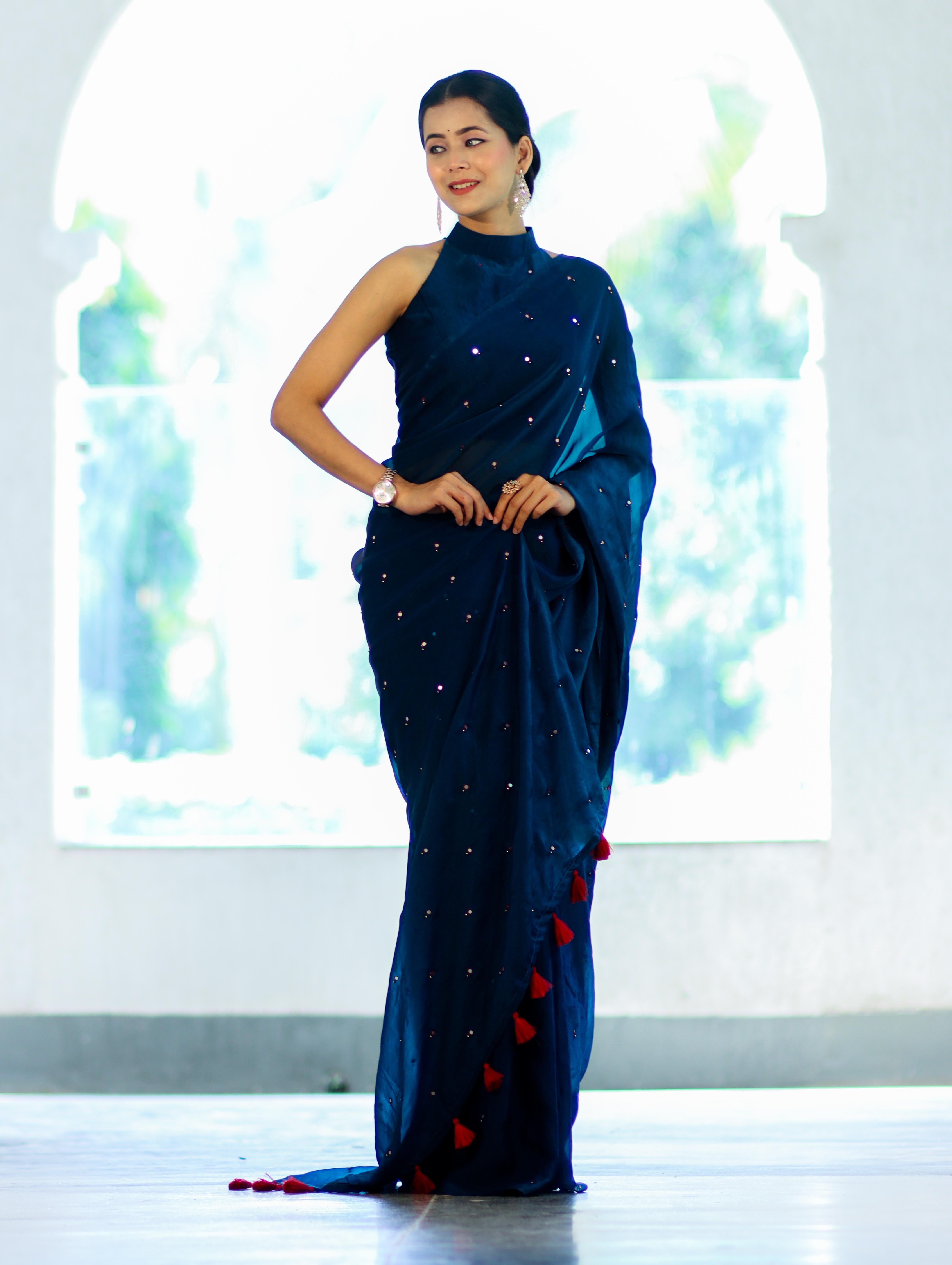 Banarasee Handwoven Dual Shaded Chiffon Saree With Mirror Work-Blue