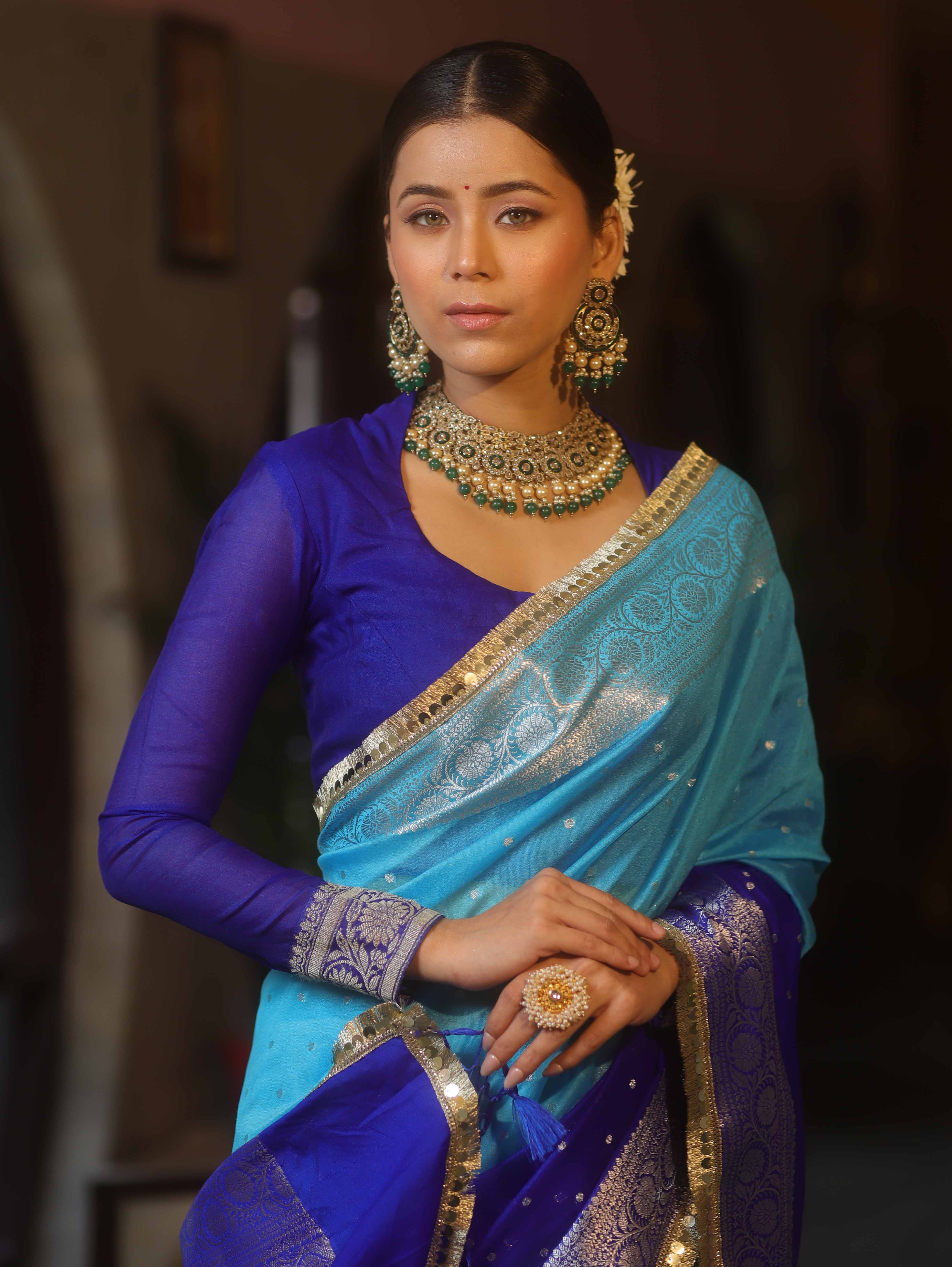 Banarasee Handwoven Semi-Chiffon Dual Color Saree With Silver Zari & Lace-Blue