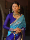 Banarasee Handwoven Semi-Chiffon Dual Color Saree With Silver Zari & Lace-Blue