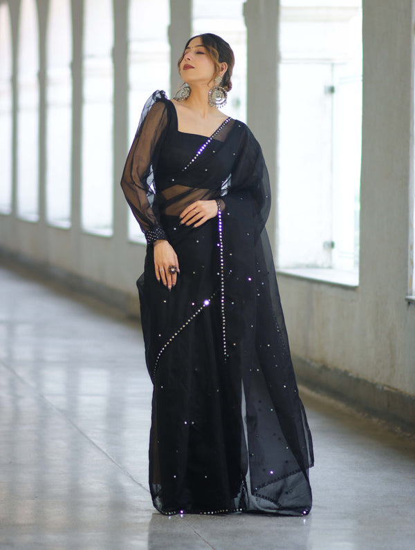 Banarasee Handwoven Organza Mix Saree With Mirror Work-Black