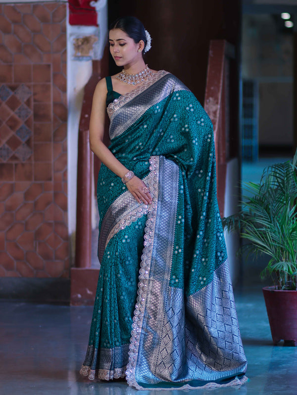 Banarasee Handloom Mashru Silk Saree With Tanchoi Work & Lace Border-Deep Green