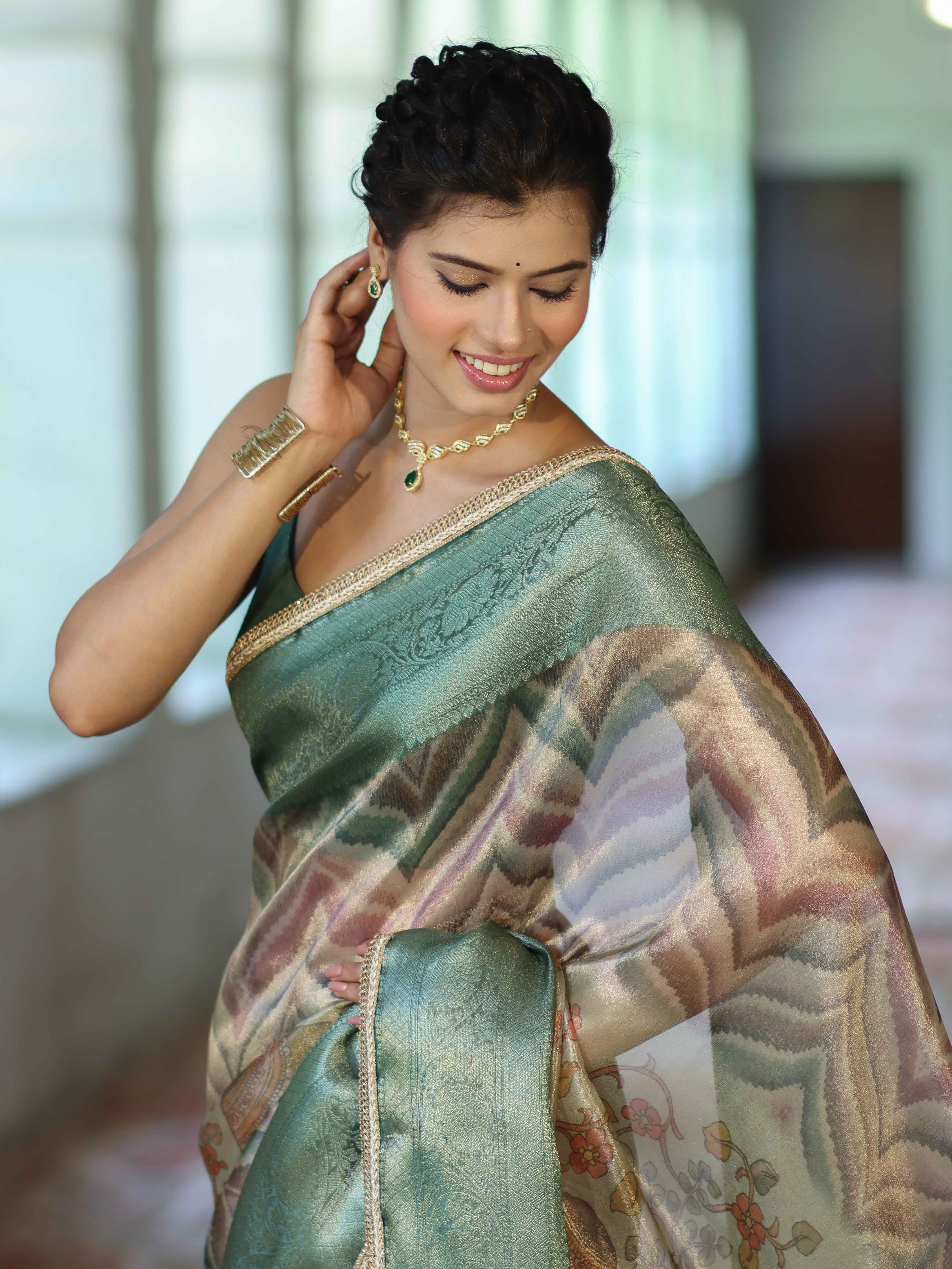Banarasee Handwoven Tissue Saree With Digital Print & Lace-Green