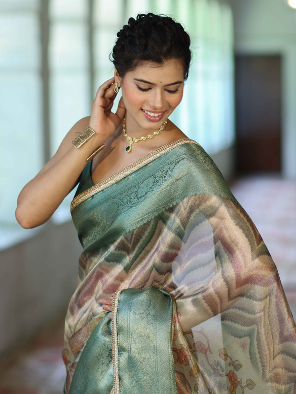 Banarasee Handwoven Tissue Saree With Digital Print & Lace-Green
