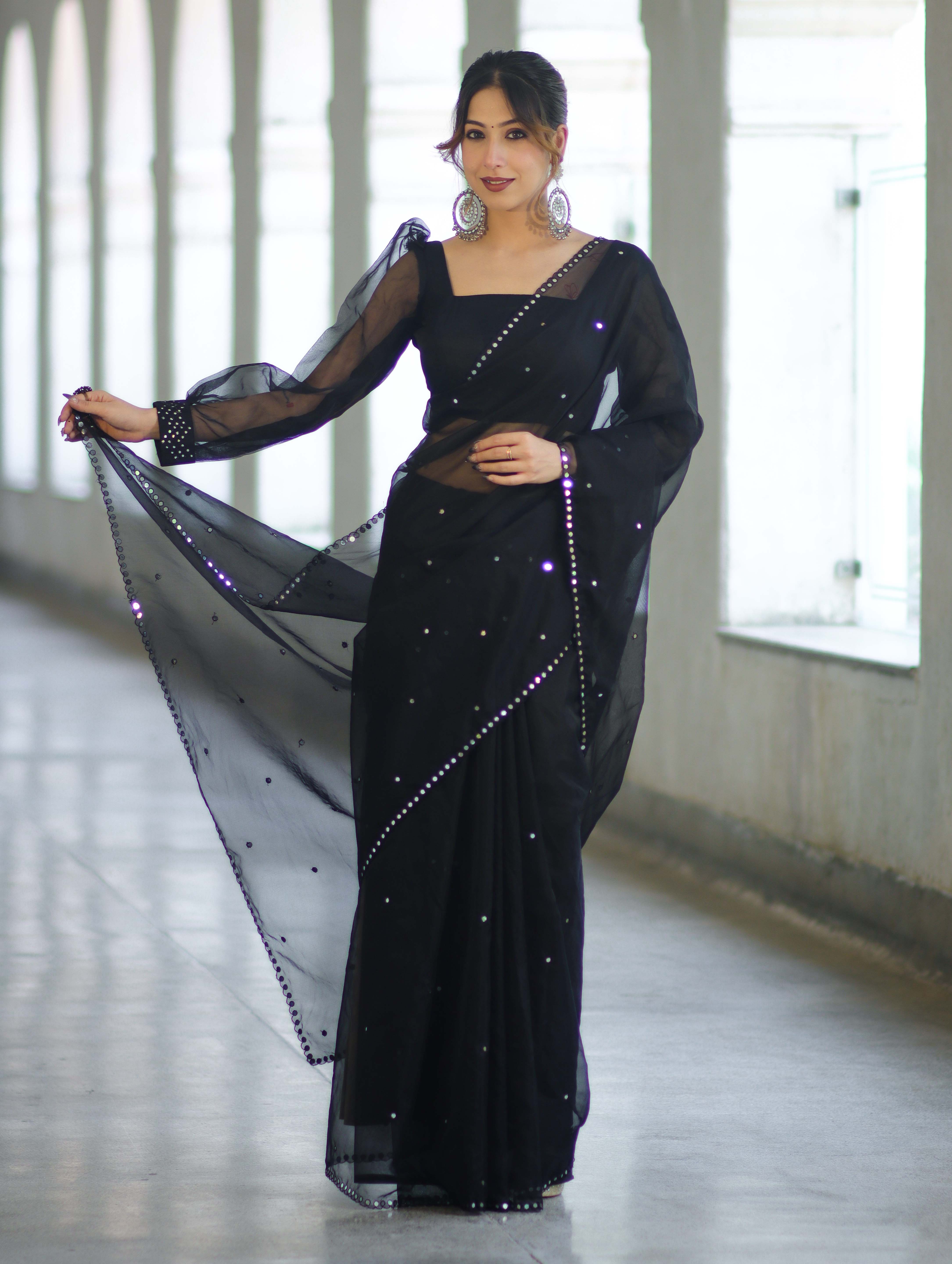 Banarasee Handwoven Organza Mix Saree With Mirror Work-Black