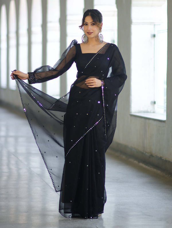 Banarasee Handwoven Organza Mix Saree With Mirror Work-Black