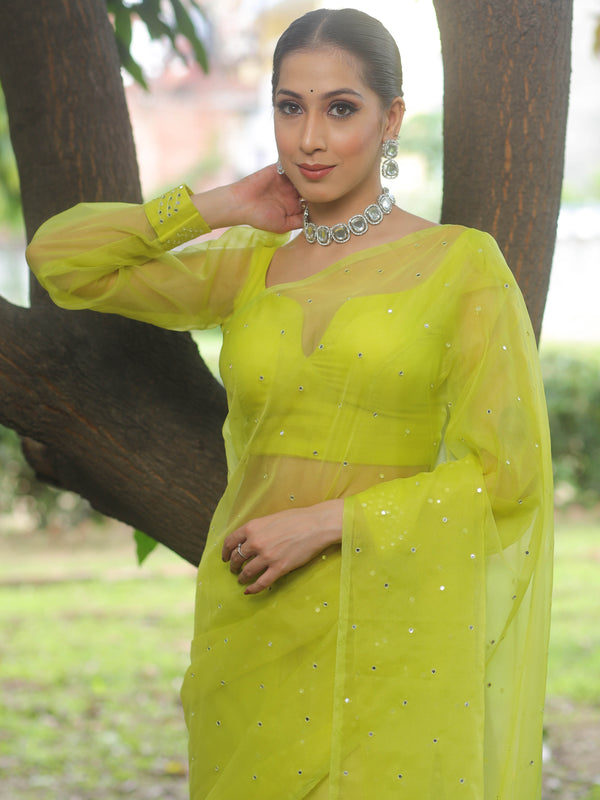Banarasee Hand-Embroidered Mirror Work Organza Saree With Blouse-Lime Green