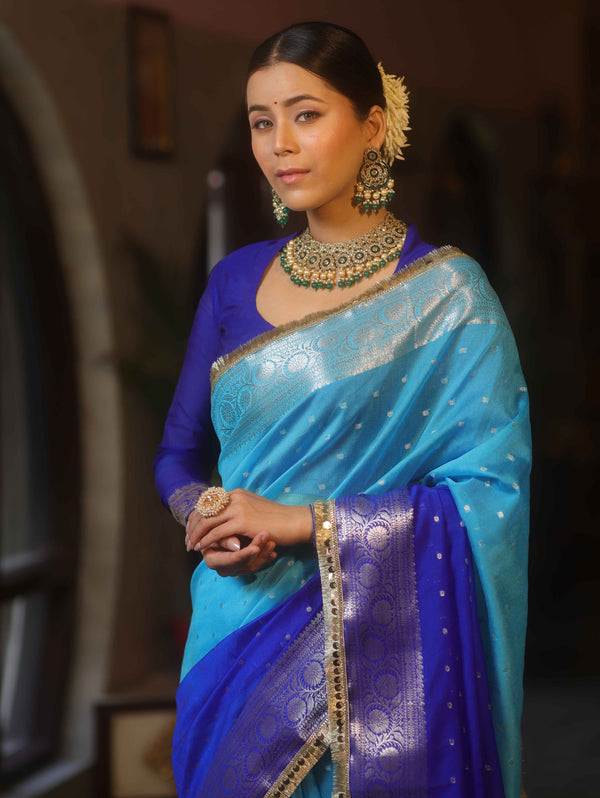 Banarasee Handwoven Semi-Chiffon Dual Color Saree With Silver Zari & Lace-Blue