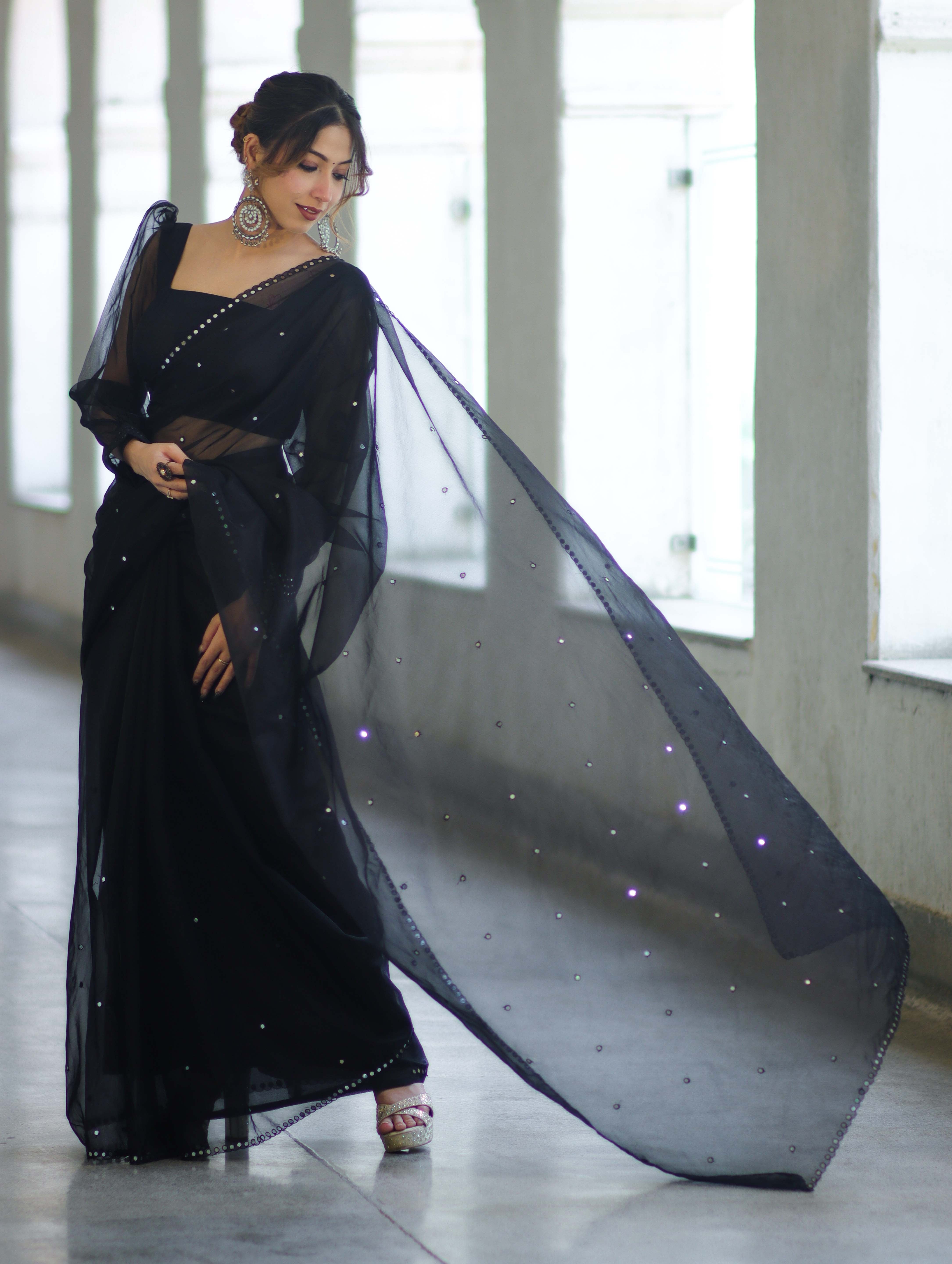 Banarasee Handwoven Organza Mix Saree With Mirror Work-Black