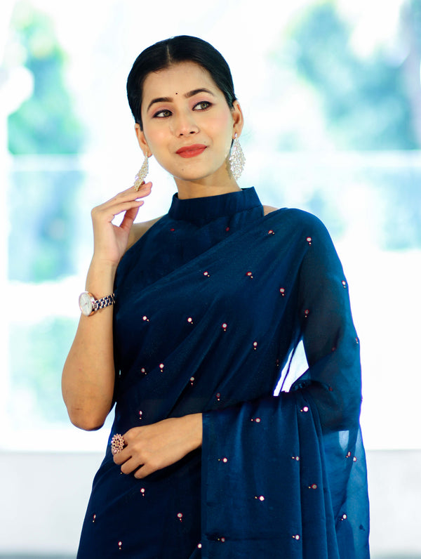 Banarasee Handwoven Dual Shaded Chiffon Saree With Mirror Work-Blue