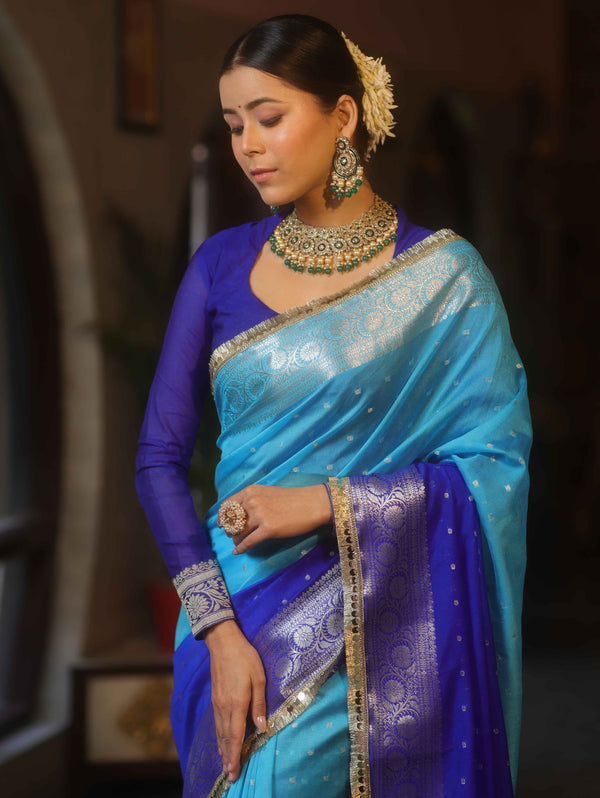 Banarasee Handwoven Semi-Chiffon Dual Color Saree With Silver Zari & Lace-Blue