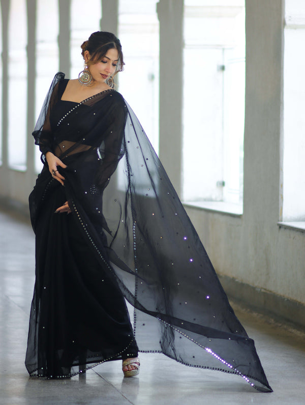 Banarasee Handwoven Organza Mix Saree With Mirror Work-Black