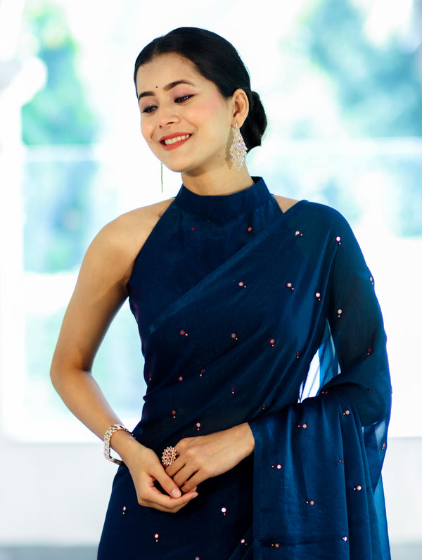 Banarasee Handwoven Dual Shaded Chiffon Saree With Mirror Work-Blue