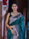 Banarasee Handloom Mashru Silk Saree With Tanchoi Work & Lace Border-Deep Green