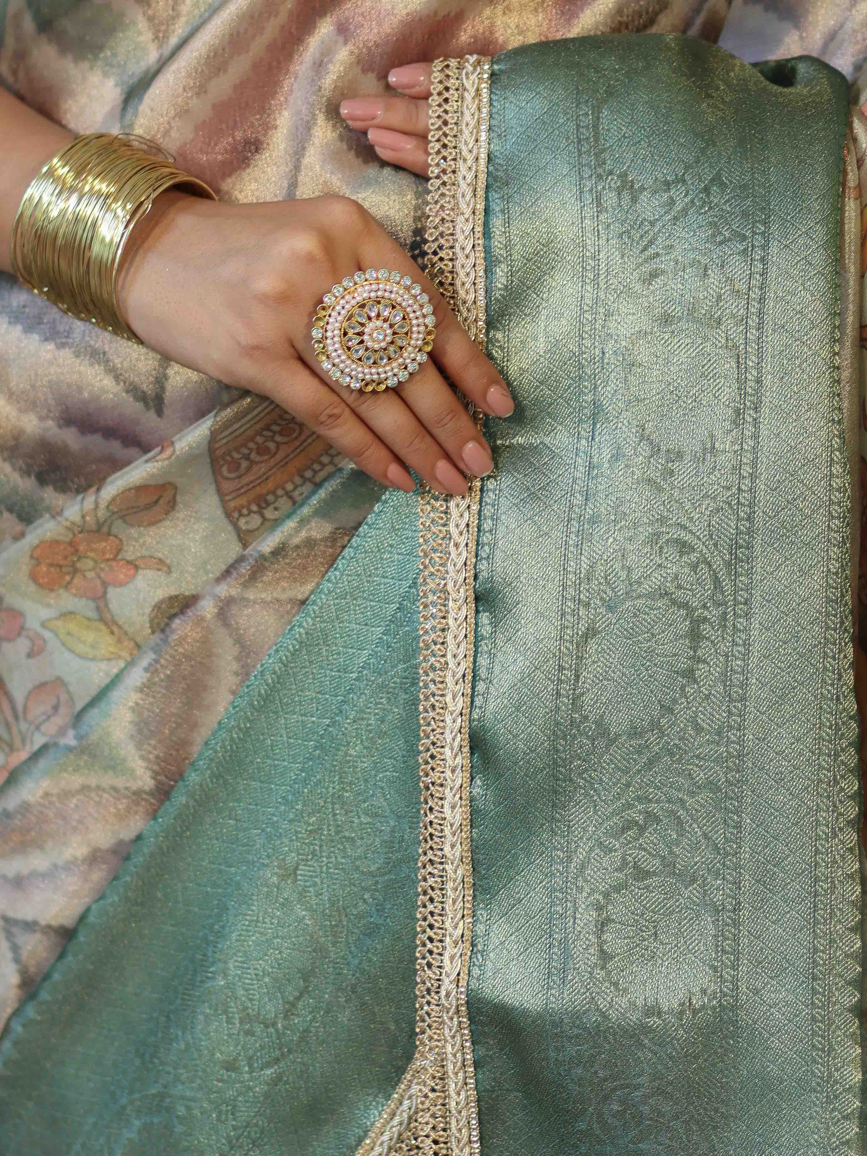 Banarasee Handwoven Tissue Saree With Digital Print & Lace-Green