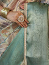Banarasee Handwoven Tissue Saree With Digital Print & Lace-Green