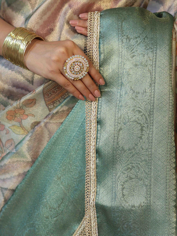Banarasee Handwoven Tissue Saree With Digital Print & Lace-Green