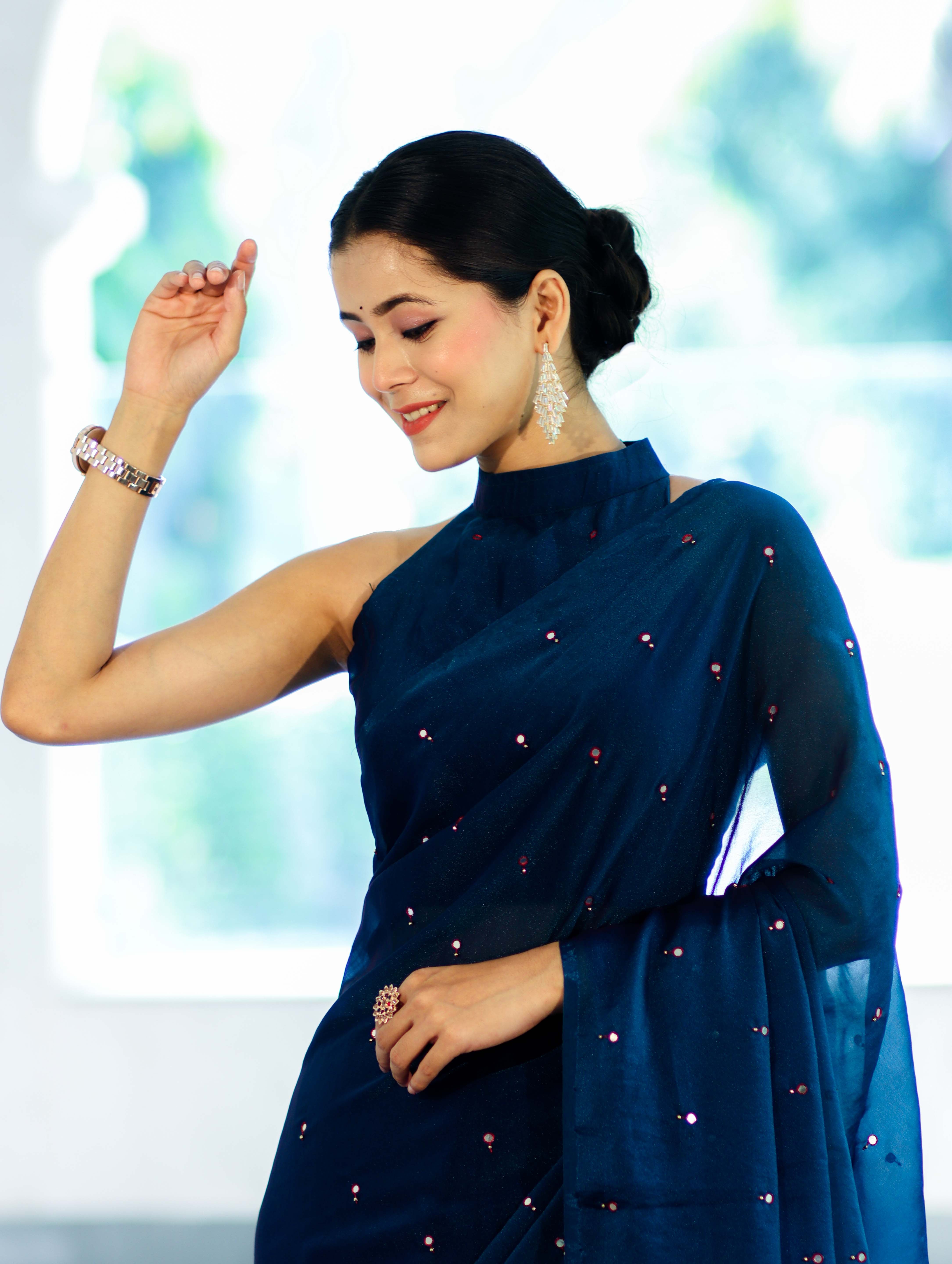 Banarasee Handwoven Dual Shaded Chiffon Saree With Mirror Work-Blue