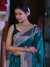Banarasee Handloom Mashru Silk Saree With Tanchoi Work & Lace Border-Deep Green